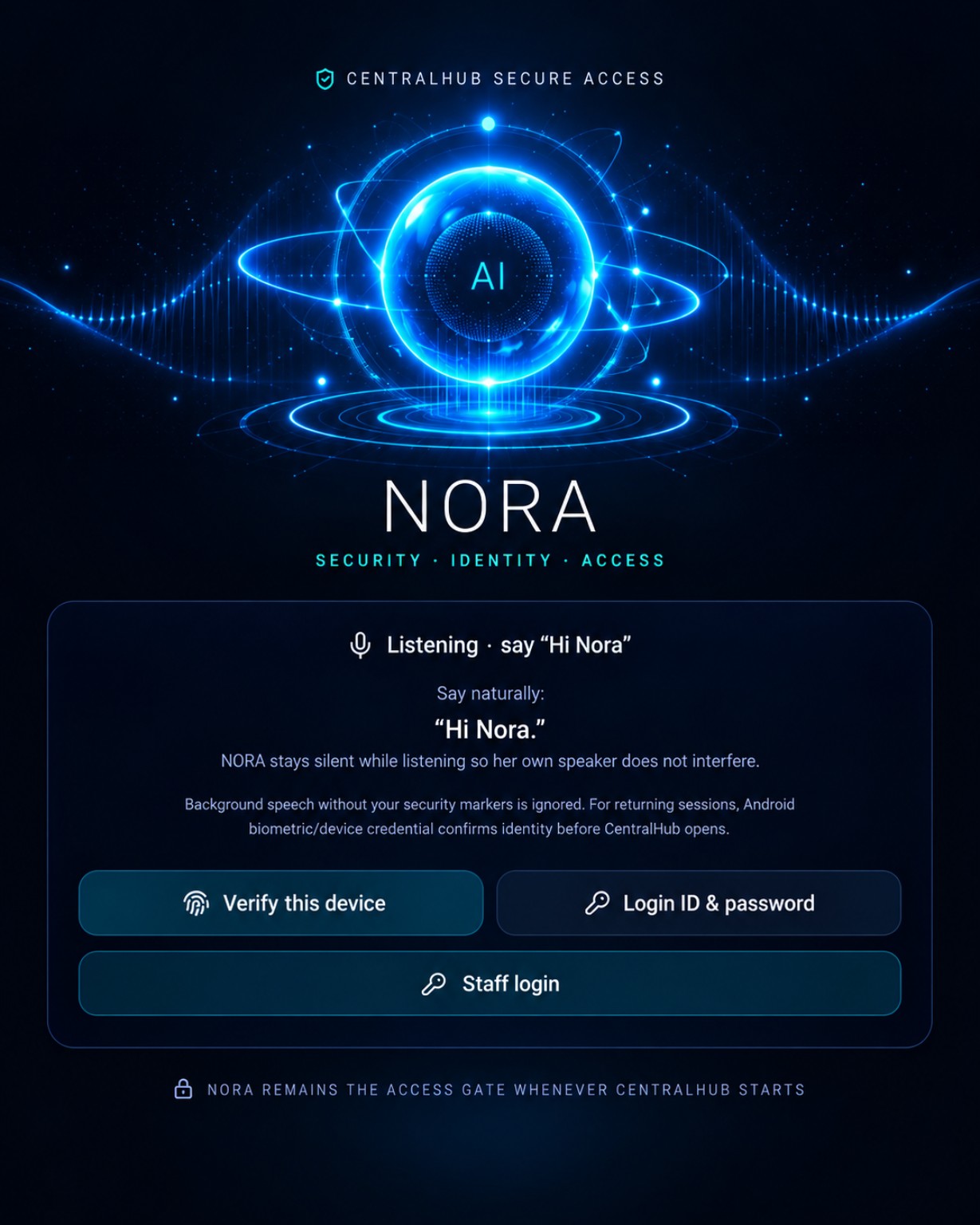 Approved NORA CentralHub secure-access design, featuring a glowing blue AI orb and the NORA branding instead of a personal portrait.